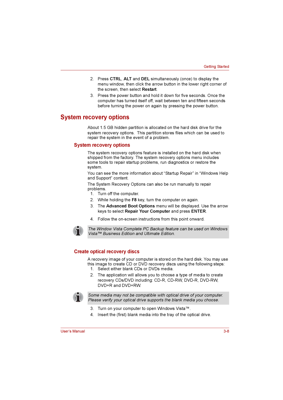 Toshiba Satellite user manual System recovery options, Create optical recovery discs 