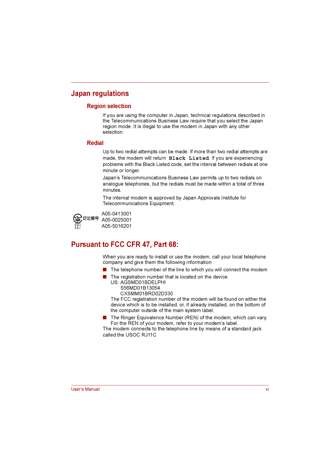 Toshiba Satellite user manual Japan regulations, Pursuant to FCC CFR 47, Part, Region selection, Redial 