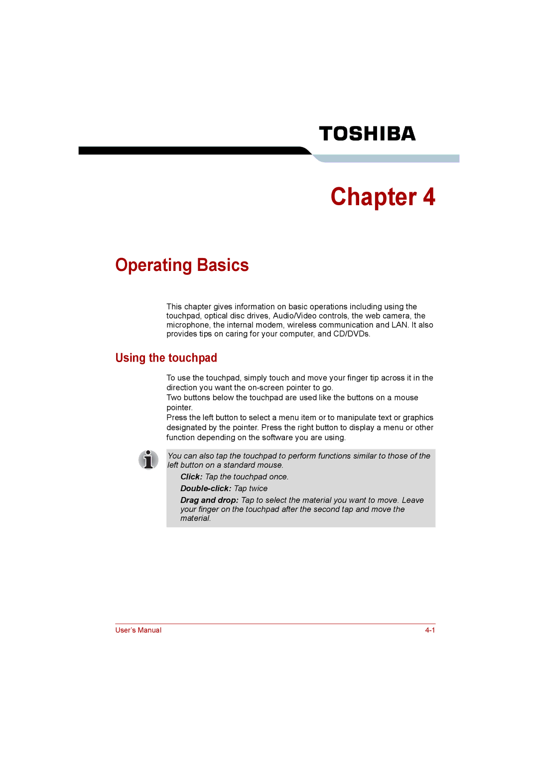 Toshiba Satellite user manual Operating Basics, Using the touchpad 