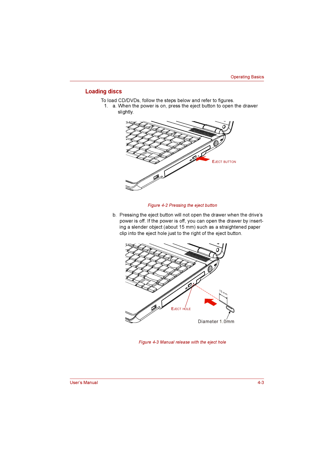 Toshiba Satellite user manual Loading discs, Pressing the eject button 