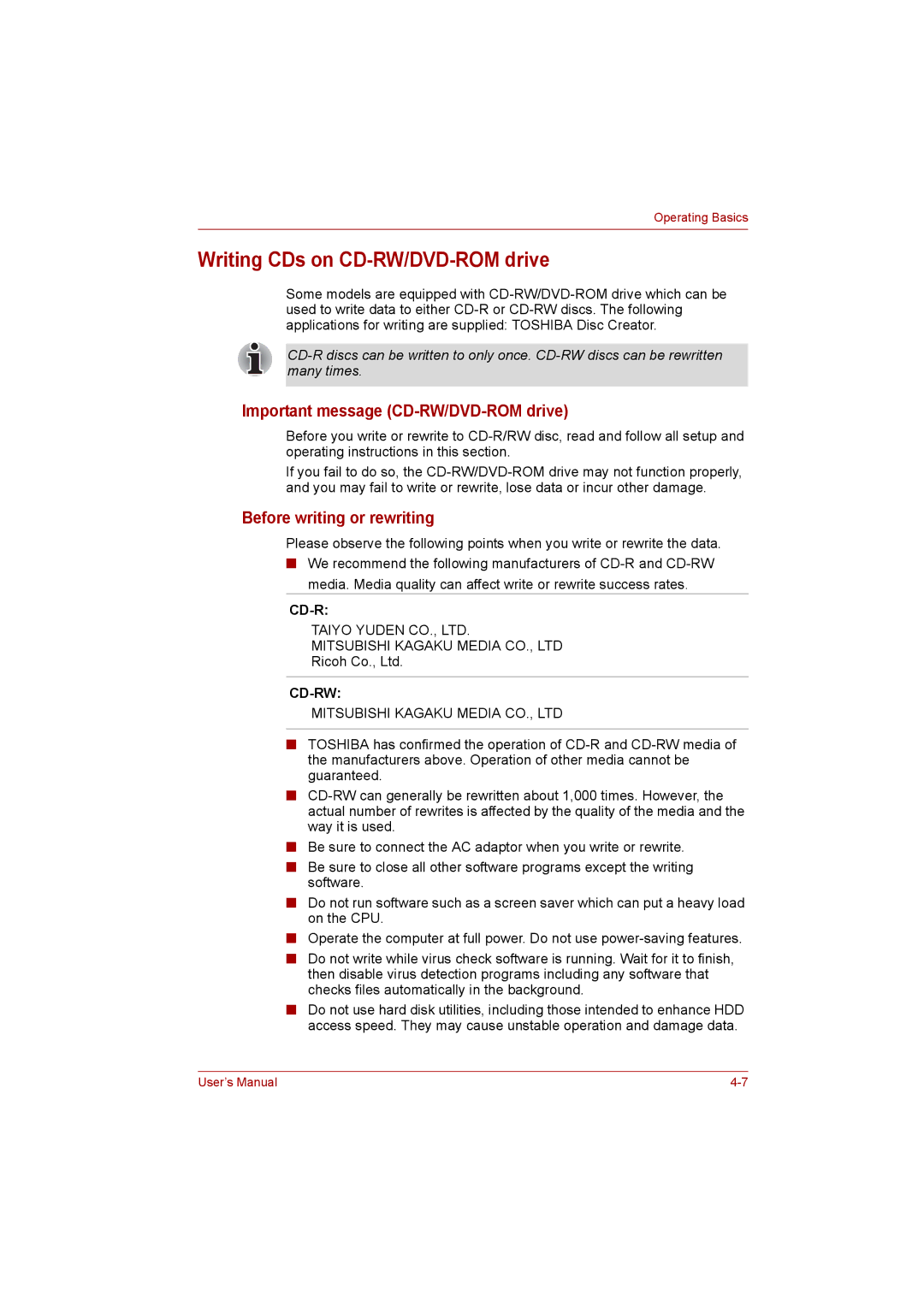 Toshiba Satellite Writing CDs on CD-RW/DVD-ROM drive, Important message CD-RW/DVD-ROM drive, Before writing or rewriting 