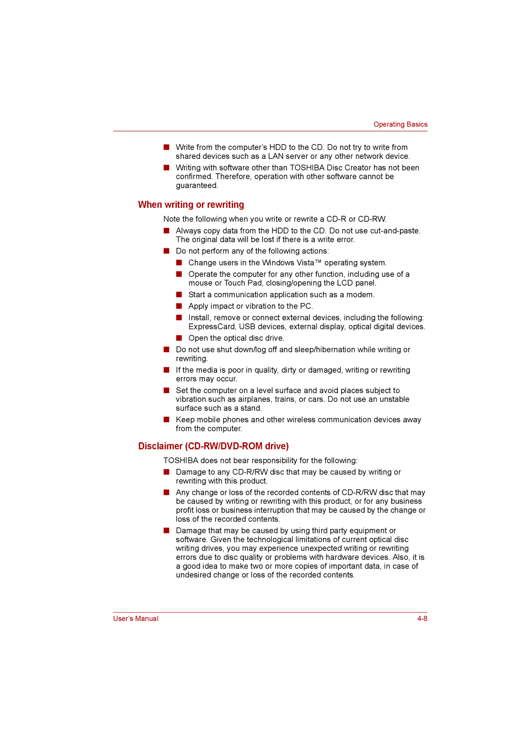 Toshiba Satellite user manual When writing or rewriting, Disclaimer CD-RW/DVD-ROM drive 