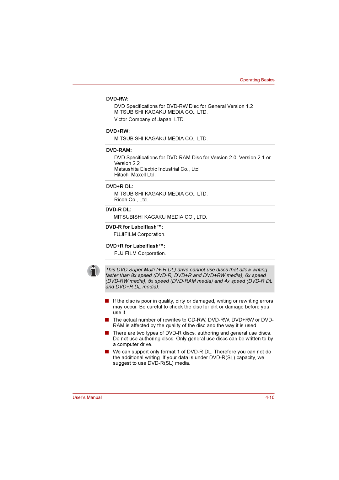 Toshiba Satellite user manual DVD-R for Labelflash, DVD+R for Labelflash 