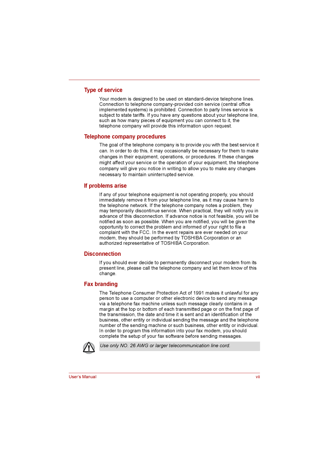 Toshiba Satellite user manual Type of service, Telephone company procedures, If problems arise, Disconnection, Fax branding 