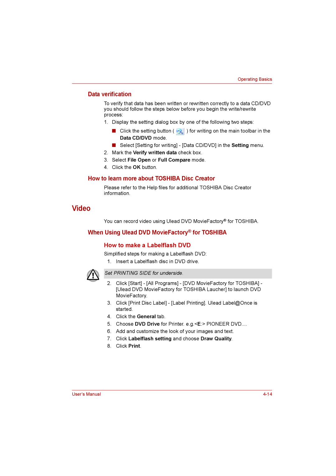 Toshiba Satellite user manual Video, Data verification, How to learn more about Toshiba Disc Creator 