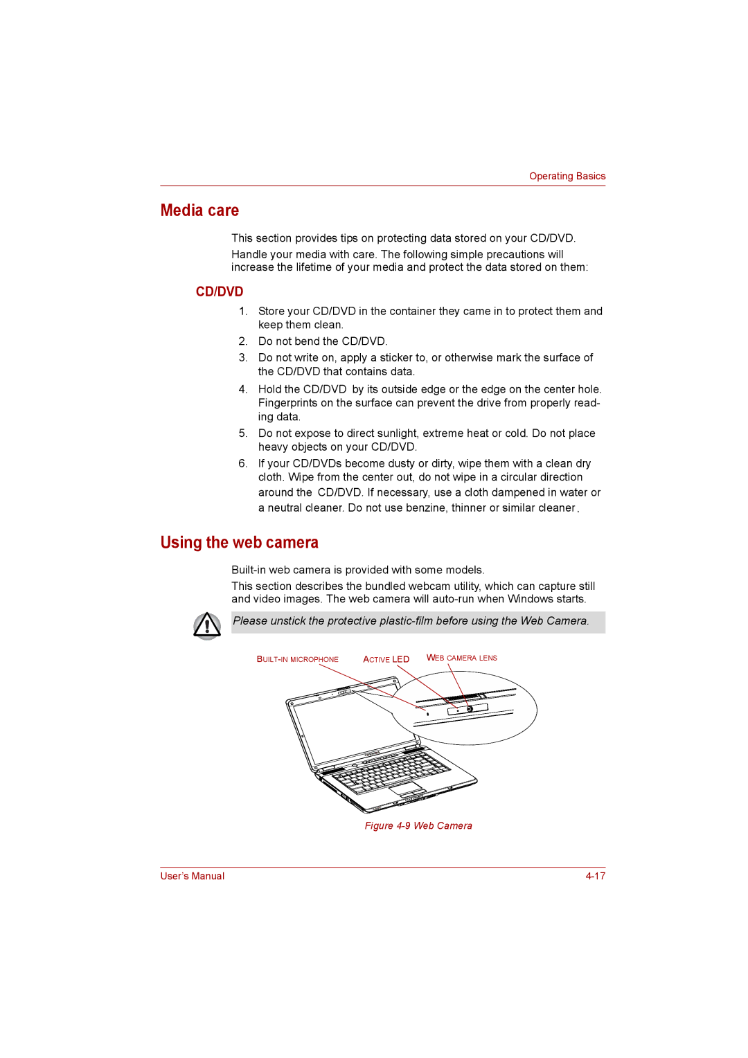 Toshiba Satellite user manual Media care, Using the web camera 