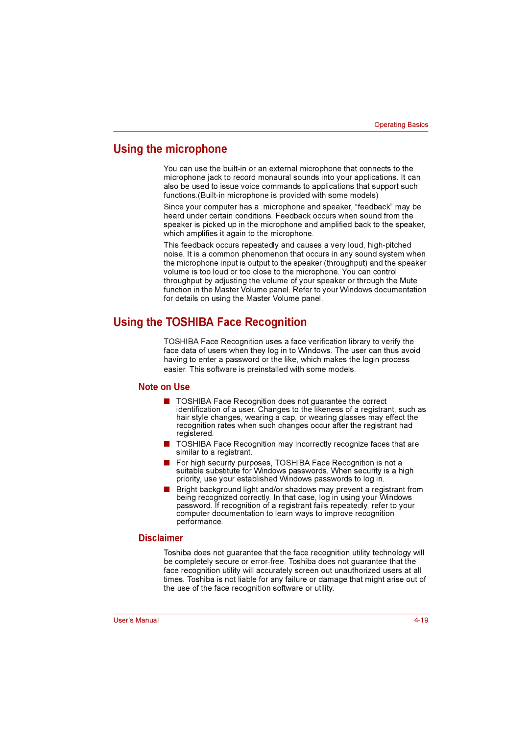 Toshiba Satellite user manual Using the microphone, Using the Toshiba Face Recognition, Disclaimer 