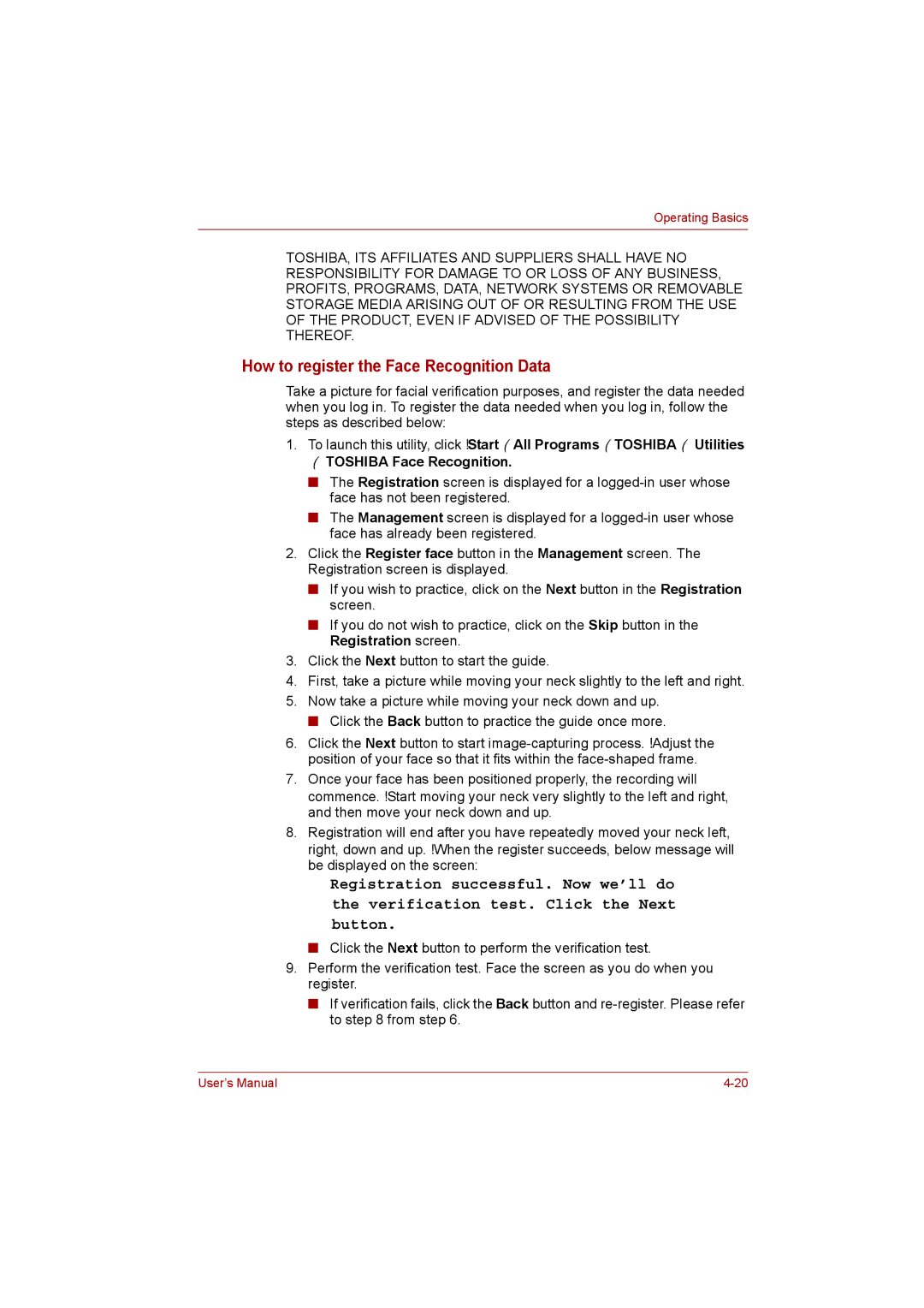 Toshiba Satellite user manual How to register the Face Recognition Data 