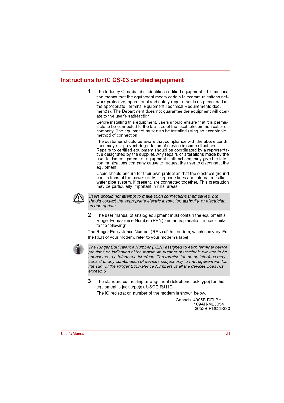 Toshiba Satellite user manual Instructions for IC CS-03 certified equipment 