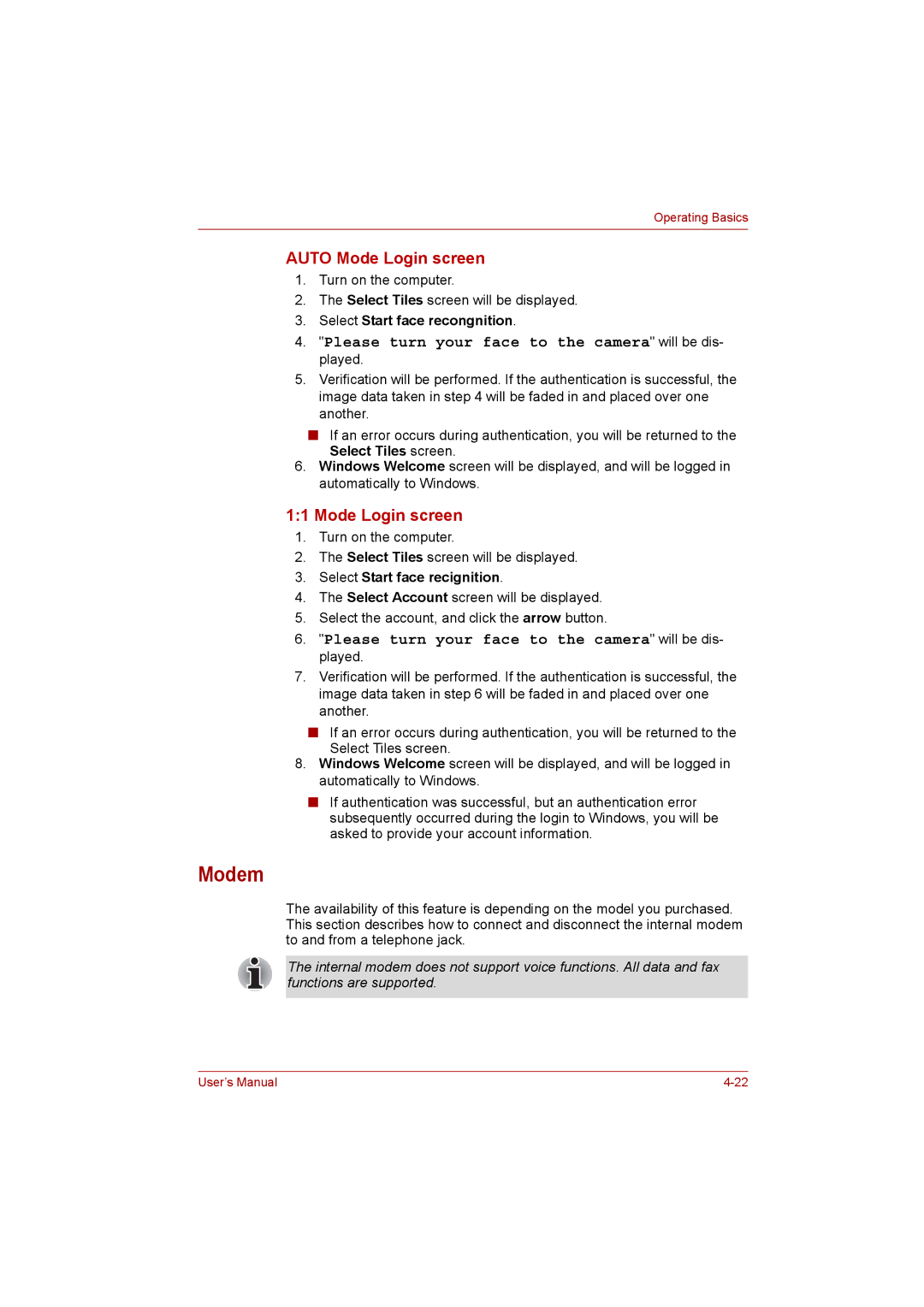 Toshiba Satellite user manual Modem, Select Start face recongnition, Select Start face recignition 