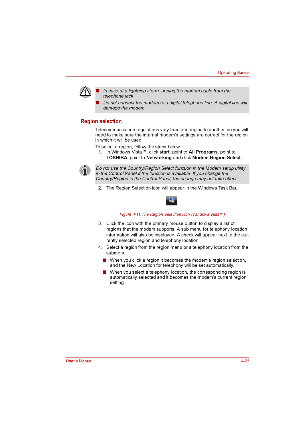 Toshiba Satellite user manual Region Selection icon will appear in the Windows Task Bar 