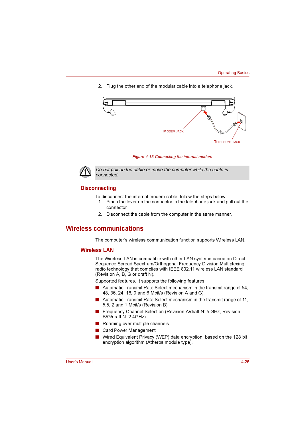 Toshiba Satellite user manual Wireless communications, Disconnecting, Wireless LAN 