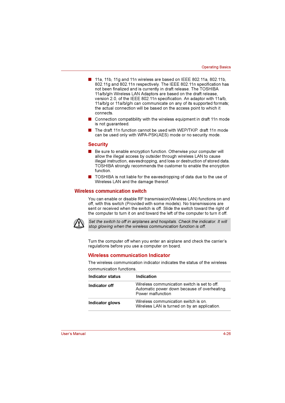 Toshiba Satellite user manual Wireless communication switch, Indicator status Indication Indicator off, Indicator glows 