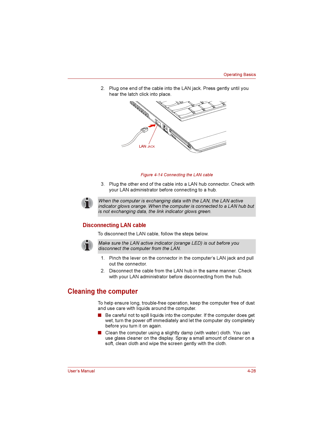 Toshiba Satellite user manual Cleaning the computer, Disconnecting LAN cable 