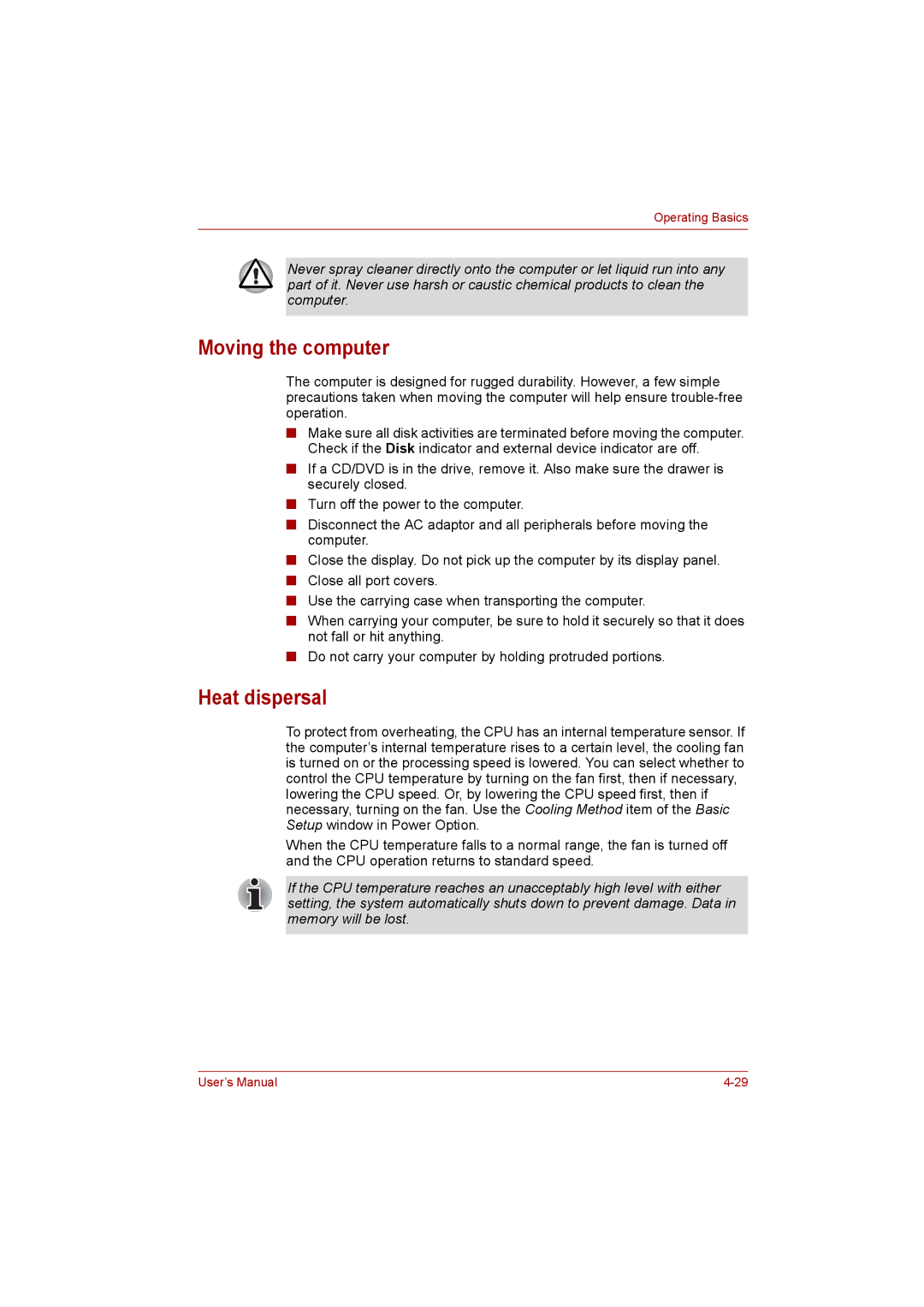 Toshiba Satellite user manual Moving the computer, Heat dispersal 