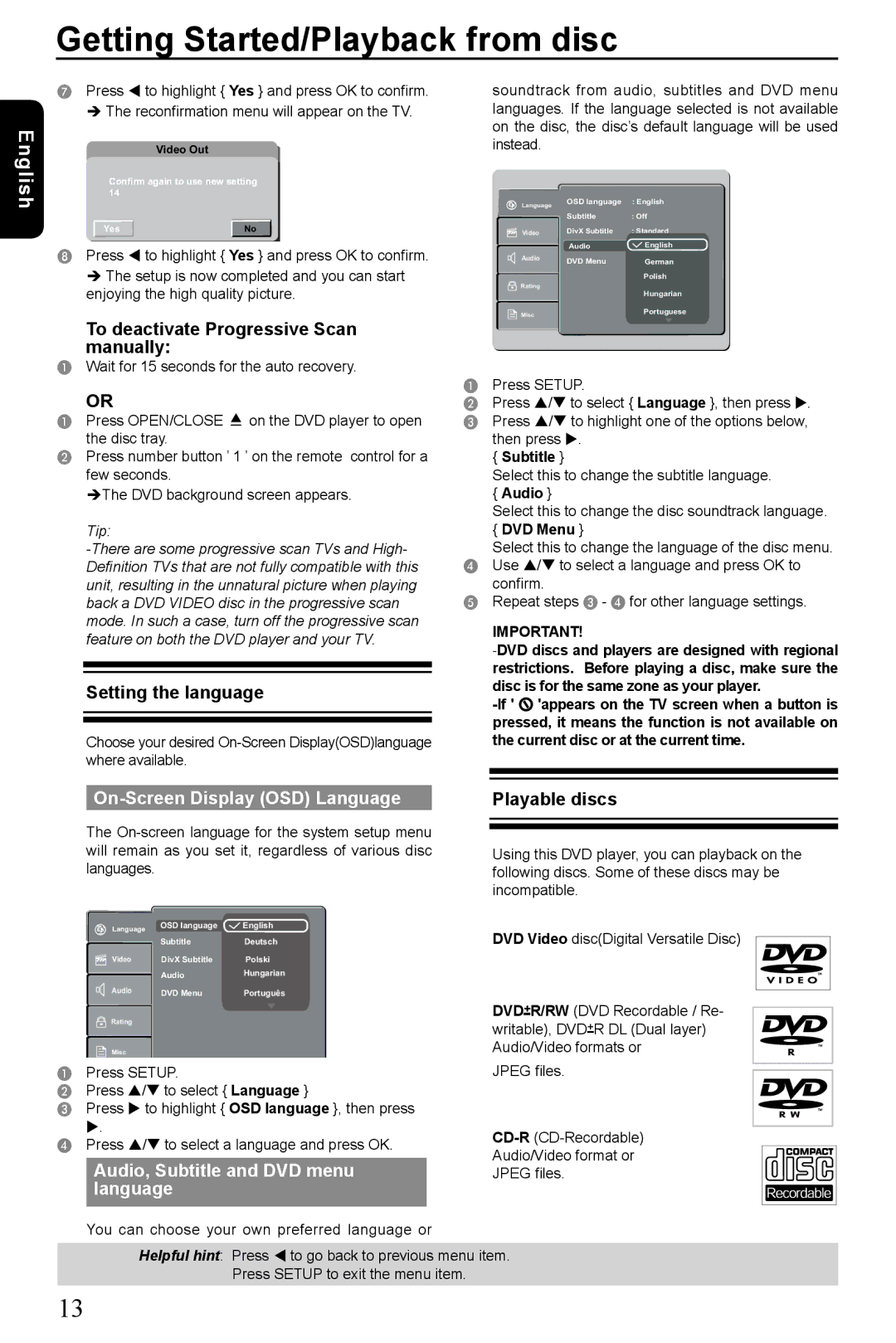 Toshiba SD-185 manual Getting Started/Playback from disc, On-Screen Display OSD Language Playable discs 