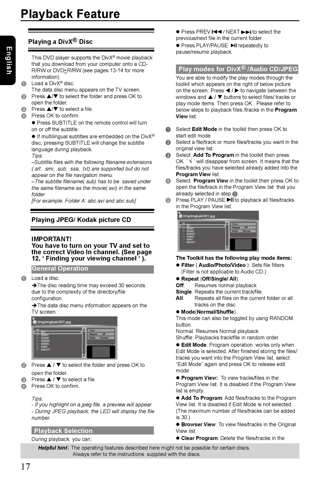 Toshiba SD-185 Playing a DivX Disc, Play modes for DivX /Audio CD/JPEG, Playing JPEG/ Kodak picture CD, General Operation 