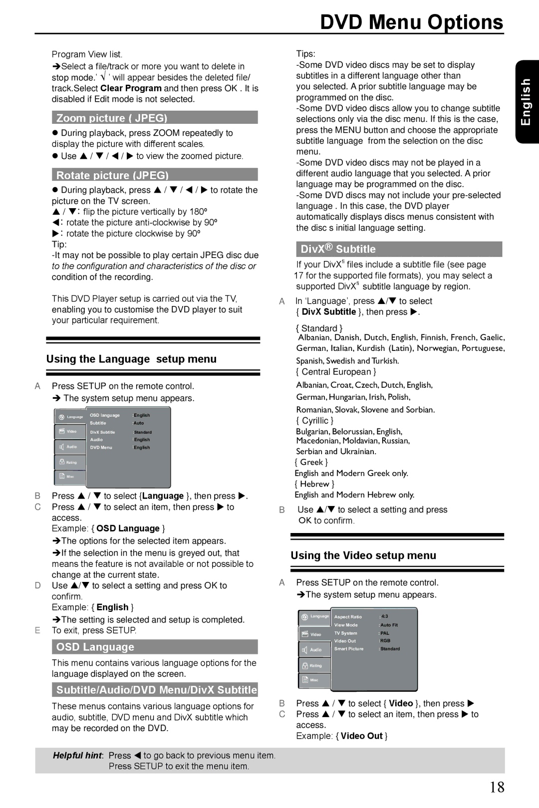 Toshiba SD-185 manual DVD Menu Options 