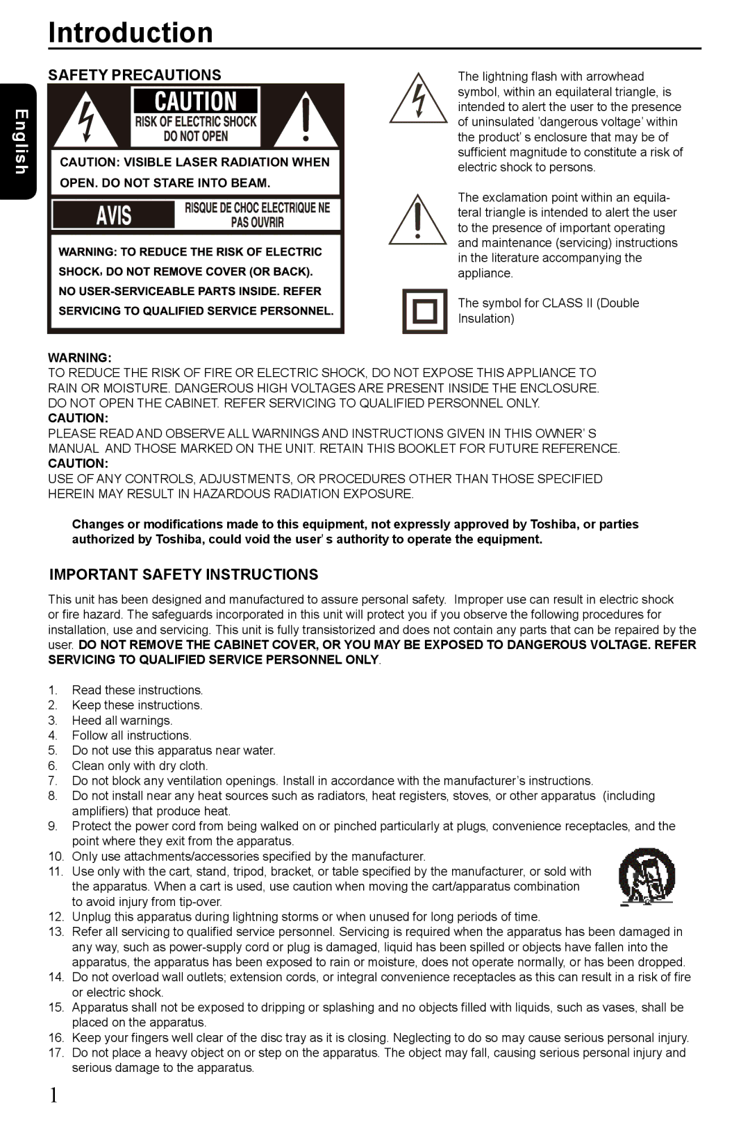 Toshiba SD-185 manual Introduction, English 