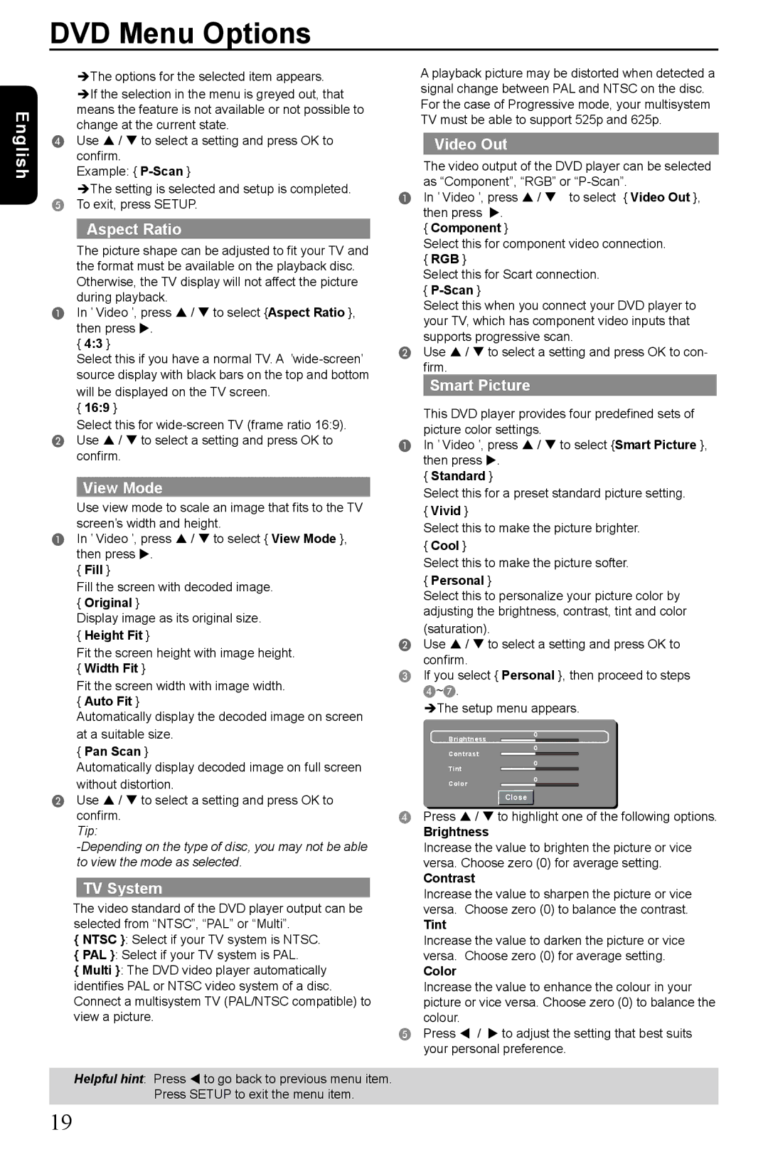 Toshiba SD-185 manual Aspect Ratio, View Mode, Video Out, Smart Picture, TV System 