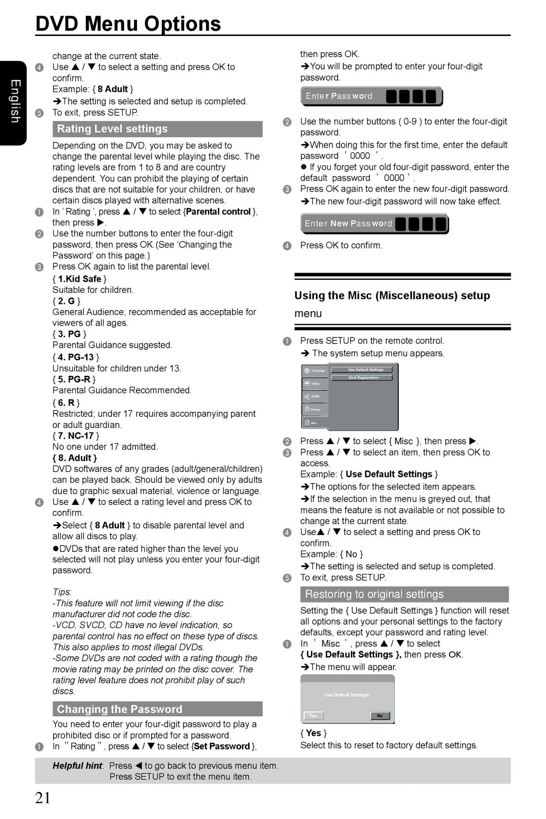 Toshiba SD-185 manual Rating Level settings, Using the Misc Miscellaneous setup Menu, Restoring to original settings 