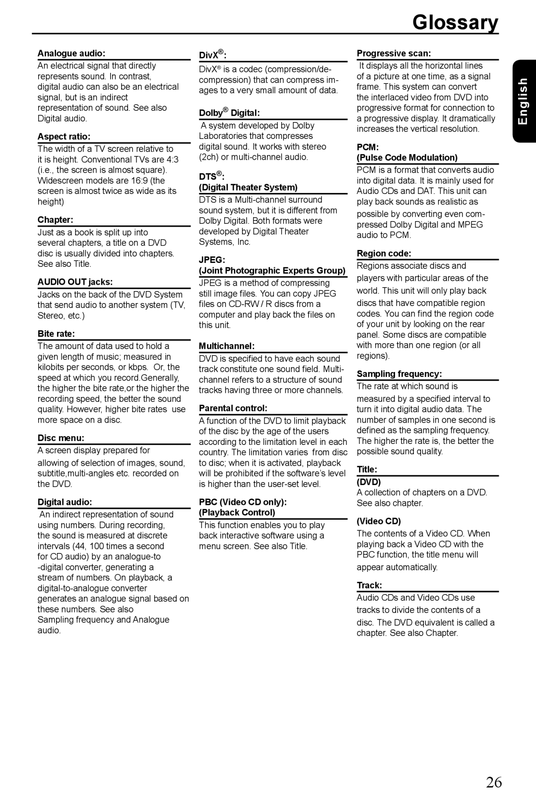 Toshiba SD-185 manual Glossary 