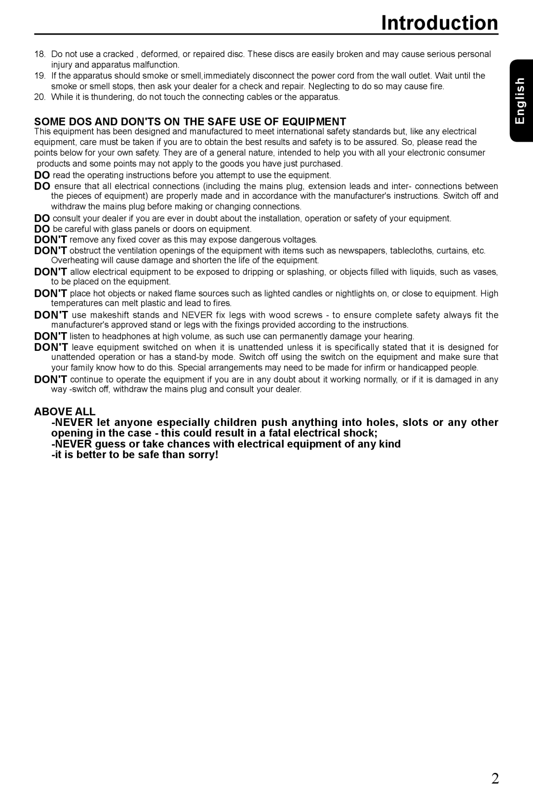 Toshiba SD-185 manual Some DOS and Donts on the Safe USE of Equipment 