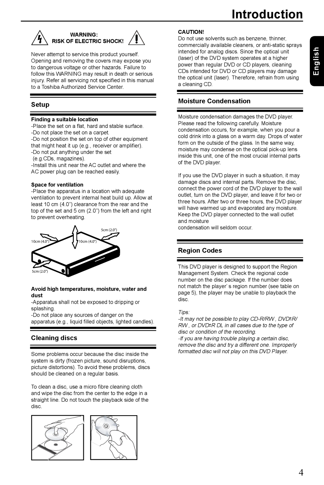 Toshiba SD-185 manual Setup, Cleaning discs, Moisture Condensation, Region Codes 