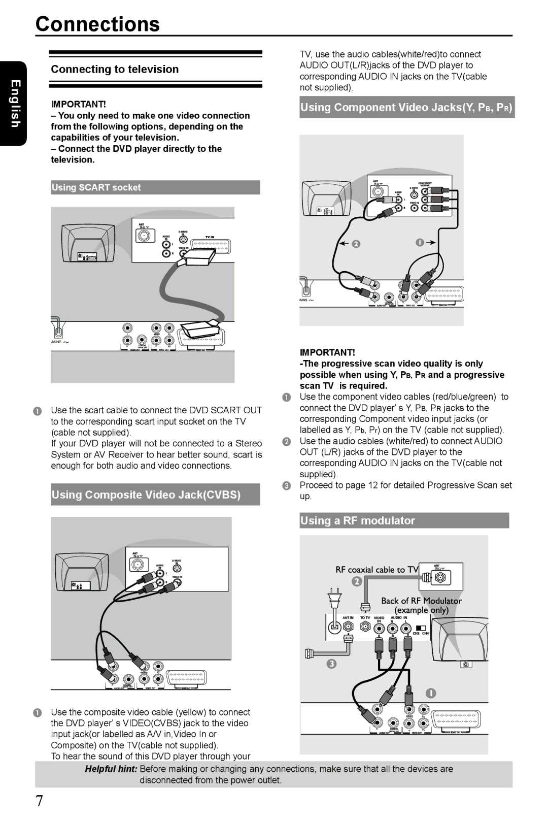 Toshiba SD-185 Connections, Using Composite Video JackCVBS, Using a RF modulator, Using Scart socket, Cable not supplied 