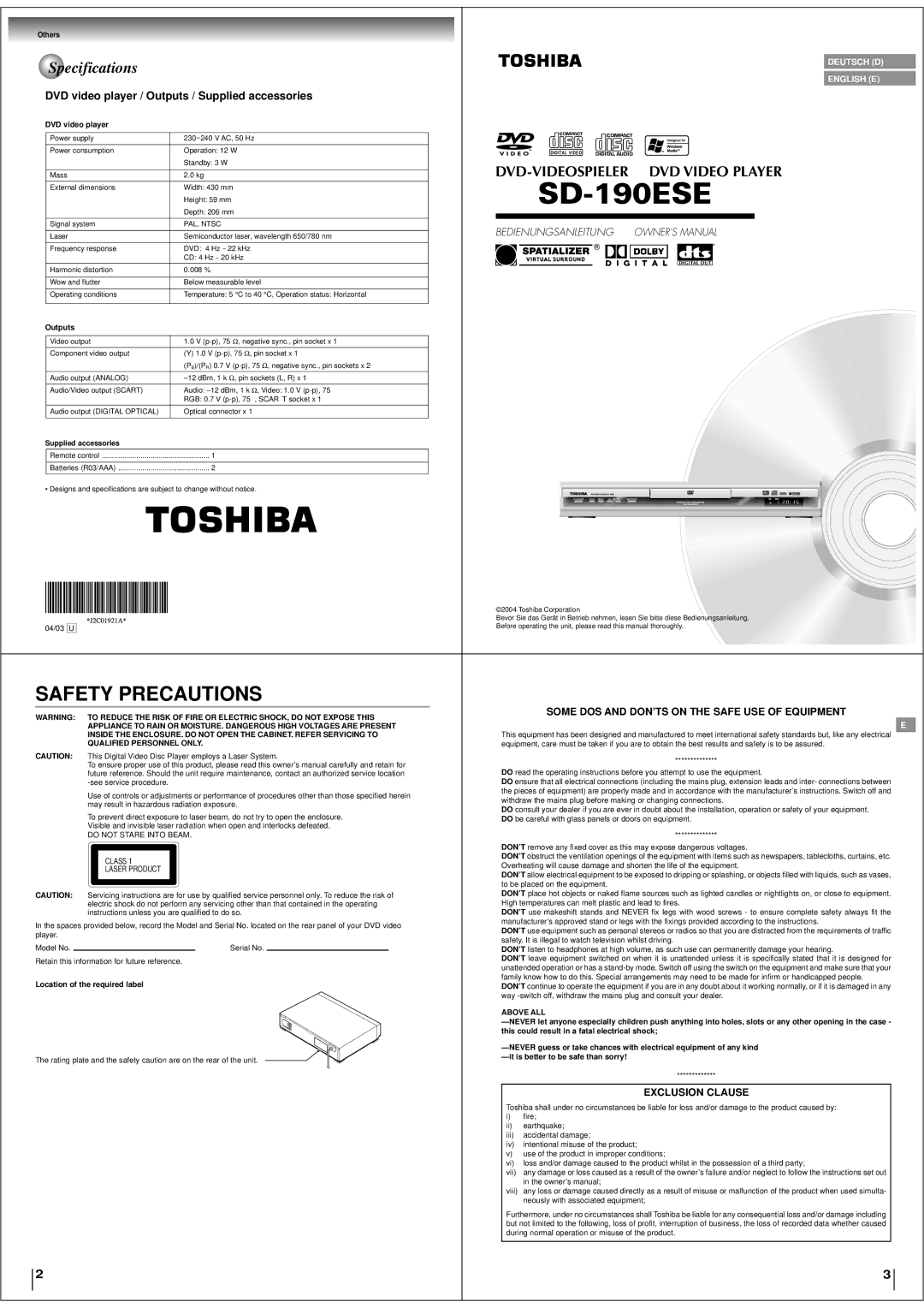 Toshiba SD-190ESE specifications Specifications, Qualified Personnel only 