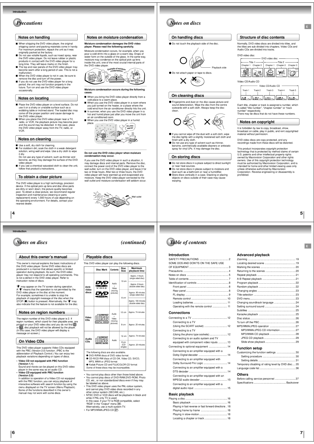 Toshiba SD-190ESE specifications Precautions, Table of contents 