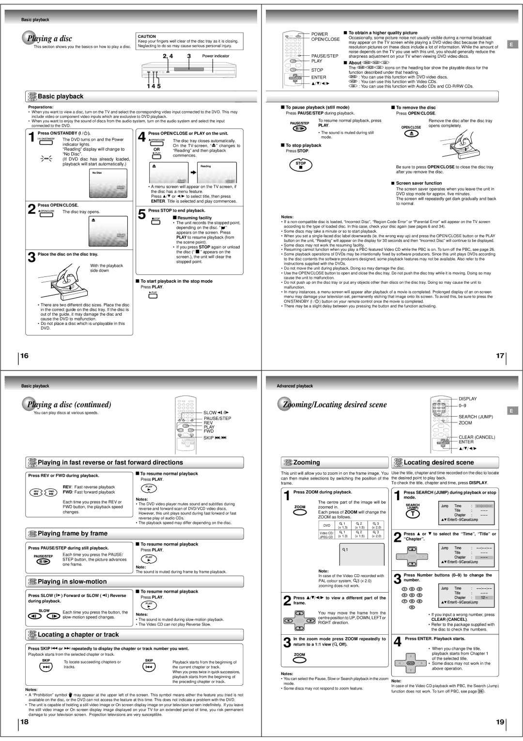 Toshiba SD-190ESE specifications Basic playback, Zooming, Locating a chapter or track 