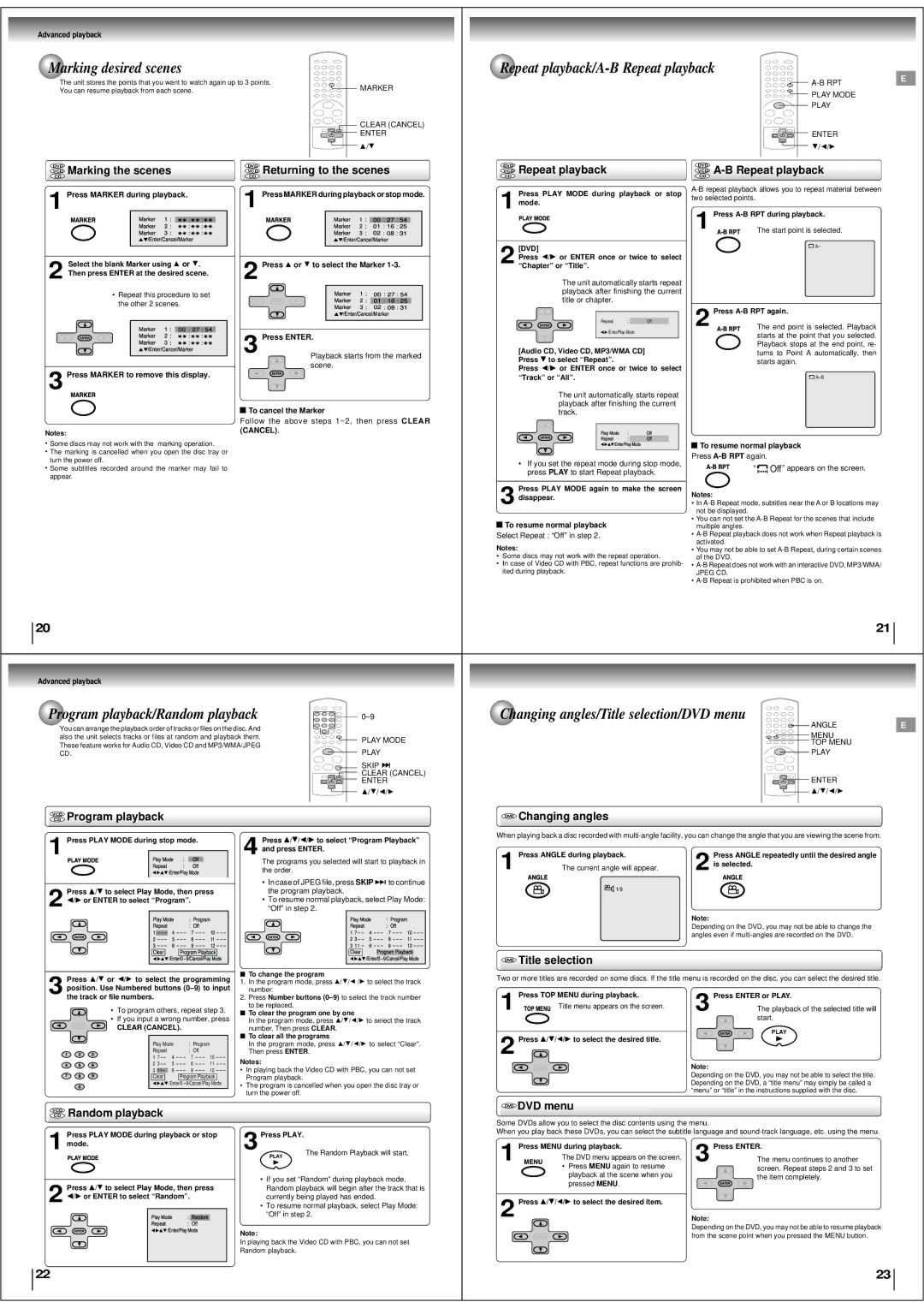 Toshiba SD-190ESE specifications Repeat playback, Rogram playback, Changing angles, Random playback 