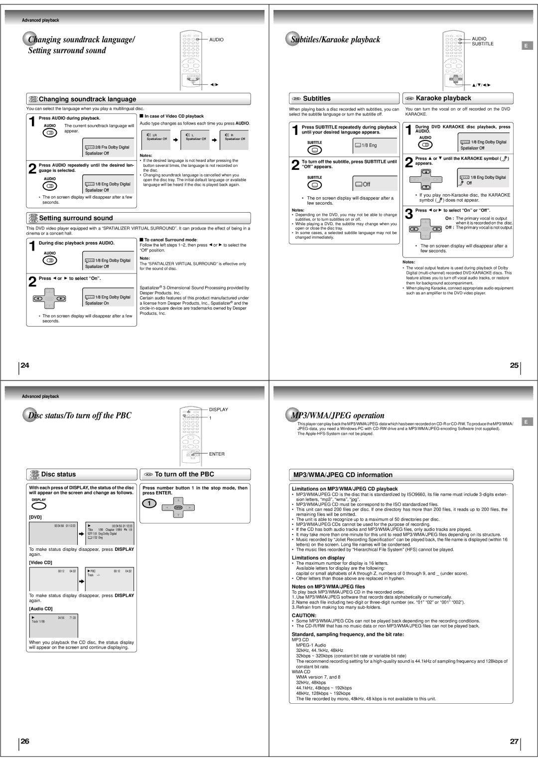 Toshiba SD-190ESE MP3/WMA/JPEG operation, Subtitles, To turn off the PBC MP3/WMA/JPEG CD information, Display 