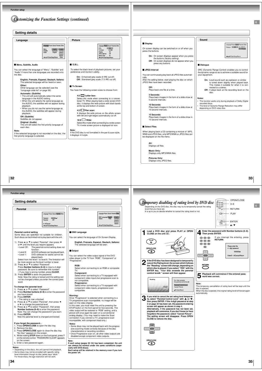 Toshiba SD-190ESE specifications Customizing the Function Settings, Function setup, Language, Picture Sound, Other 