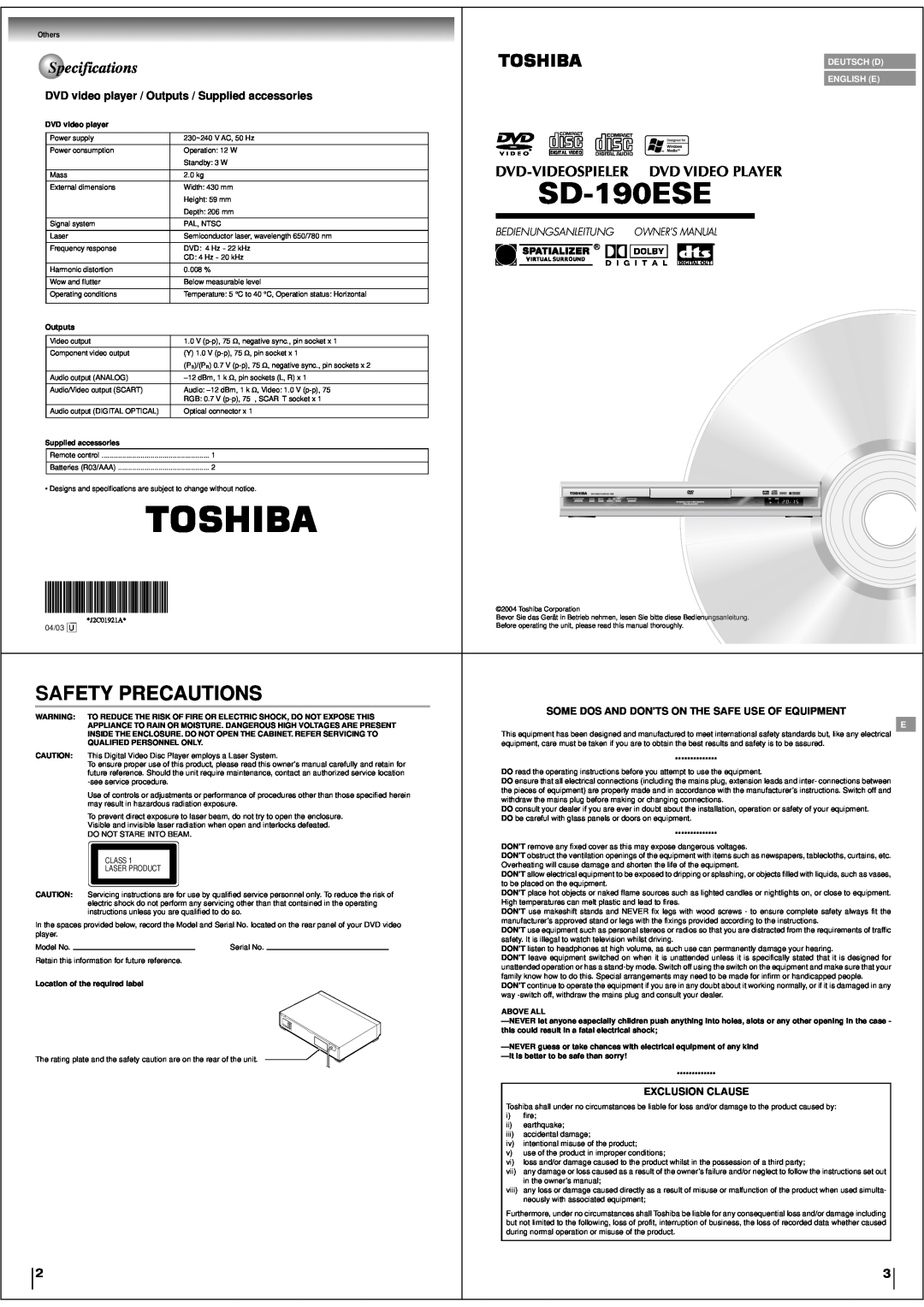 Toshiba SD-190ESE specifications Specifications, Safety Precautions, Dvd Video Player, Dvd-Videospieler, Owner’S Manual 