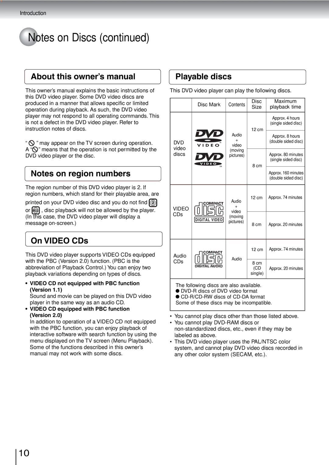 Toshiba SD-240ESB, SD-240ESE owner manual On Video CDs, Playable discs, Video CD not equipped with PBC function Version 