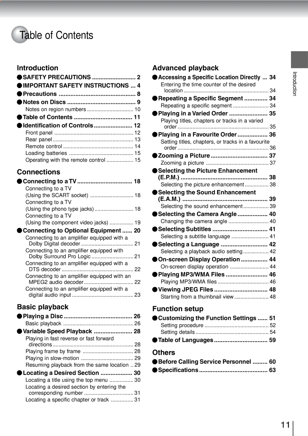 Toshiba SD-240ESE, SD-240ESB owner manual Table of Contents 