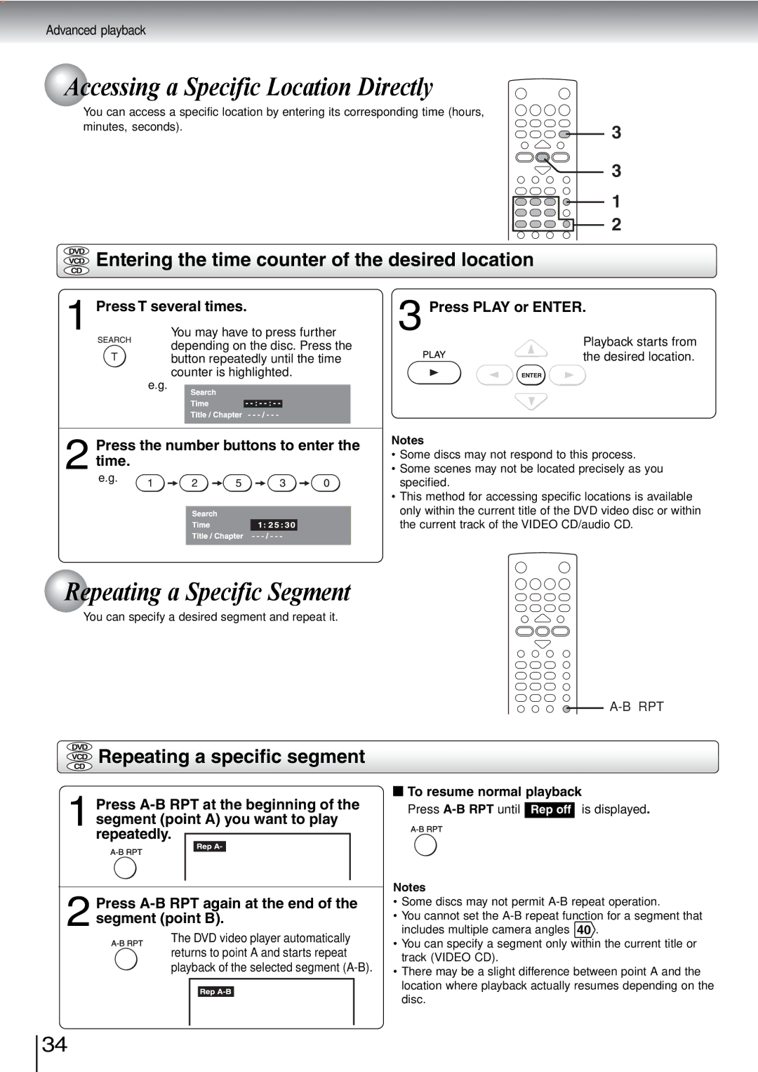 Toshiba SD-240ESB Accessing a Specific Location Directly, Repeating a Specific Segment, Repeating a specific segment 