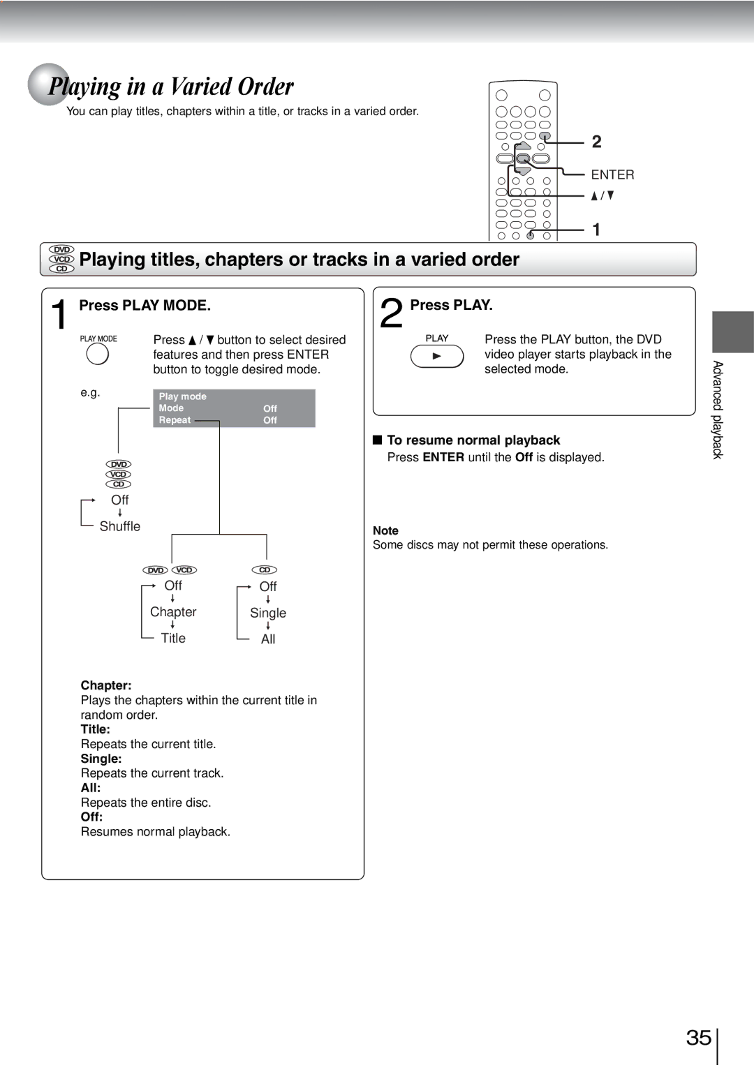 Toshiba SD-240ESE Playing in a Varied Order, Playing titles, chapters or tracks in a varied order, Press Play Mode 