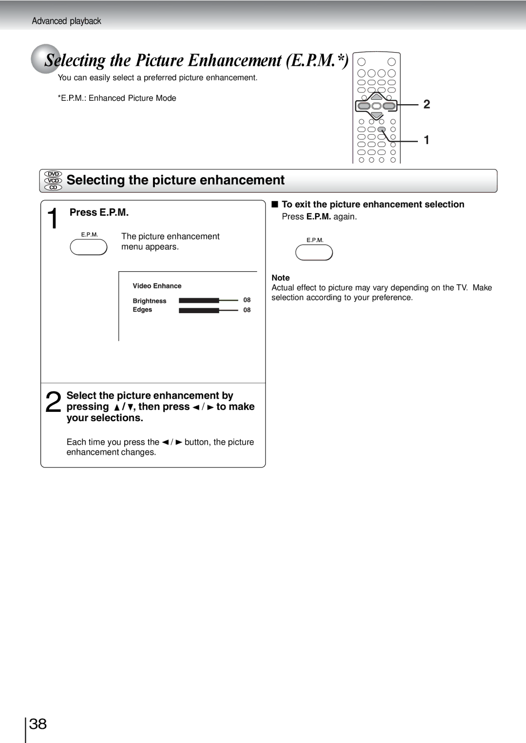 Toshiba SD-240ESB, SD-240ESE Selecting the Picture Enhancement E.P.M, Selecting the picture enhancement, Press E.P.M 