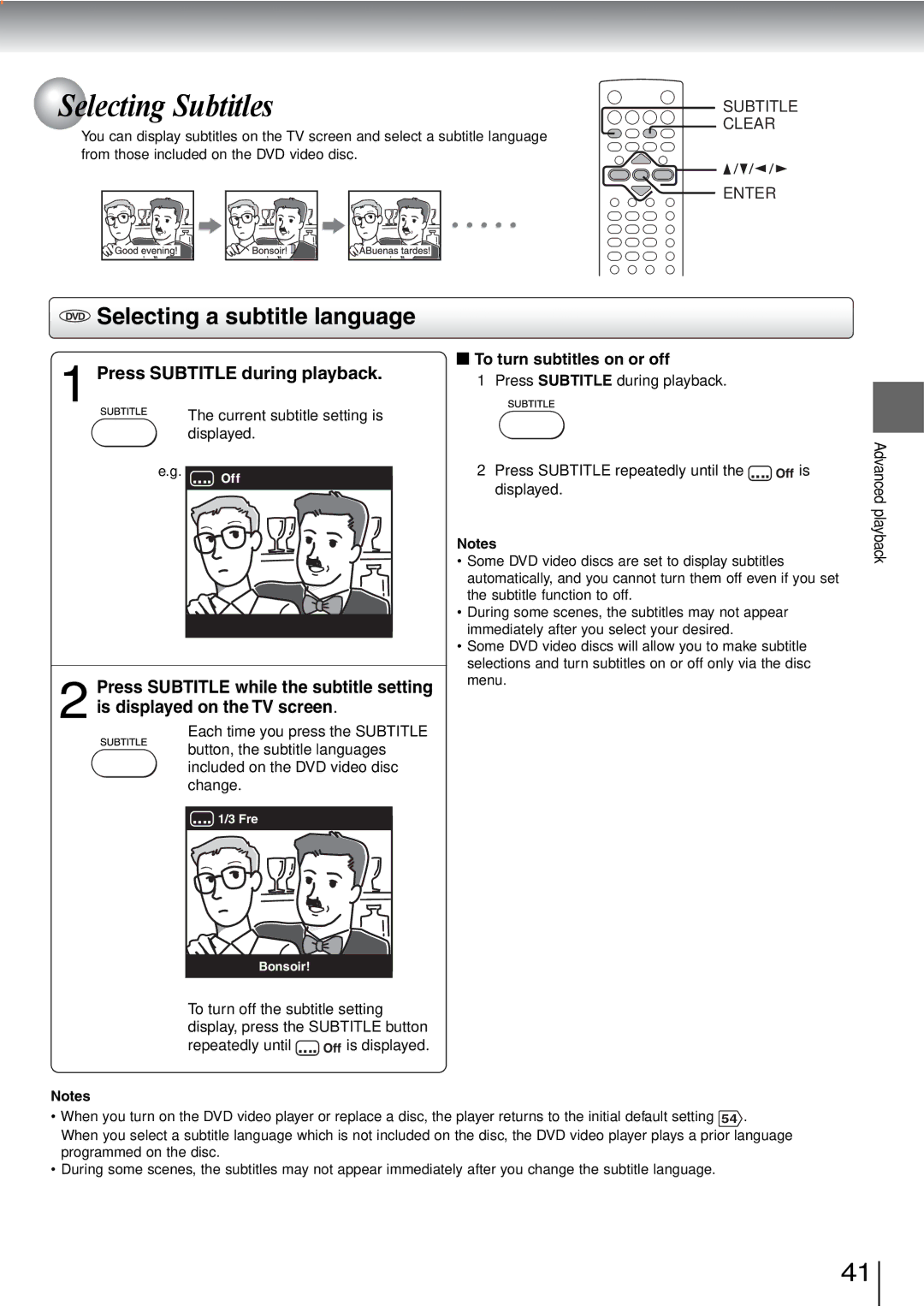 Toshiba SD-240ESE DVD Selecting a subtitle language, Press Subtitle during playback, To turn subtitles on or off 