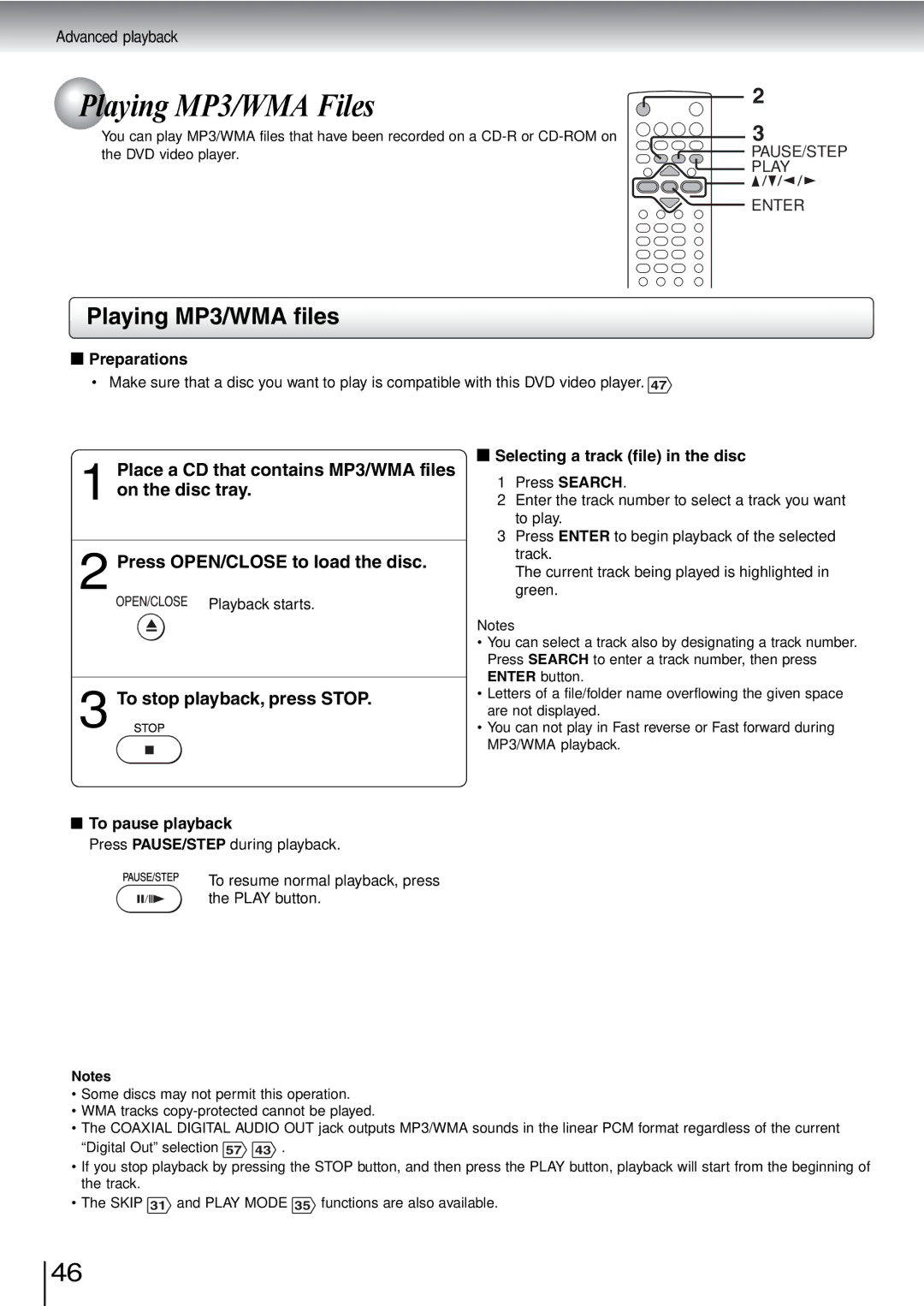 Toshiba SD-240ESB, SD-240ESE owner manual Playing MP3/WMA Files, Playing MP3/WMA files 