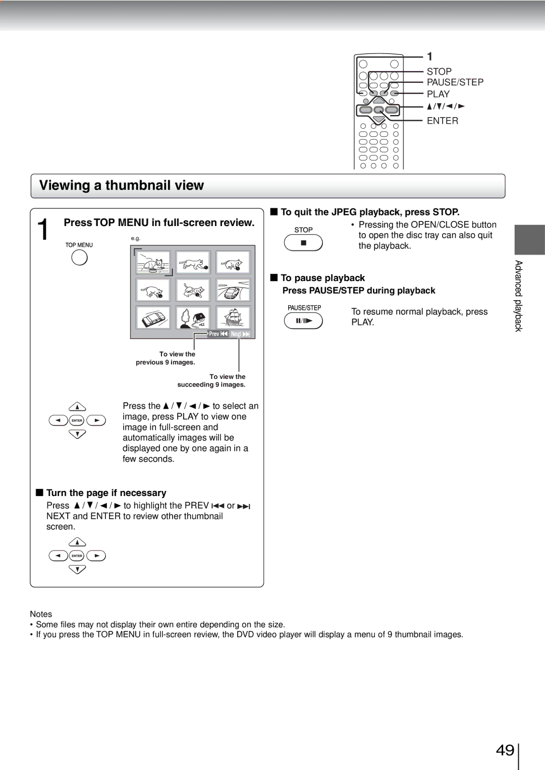 Toshiba SD-240ESE, SD-240ESB Viewing a thumbnail view, Press TOP Menu in full-screen review, Turn the page if necessary 