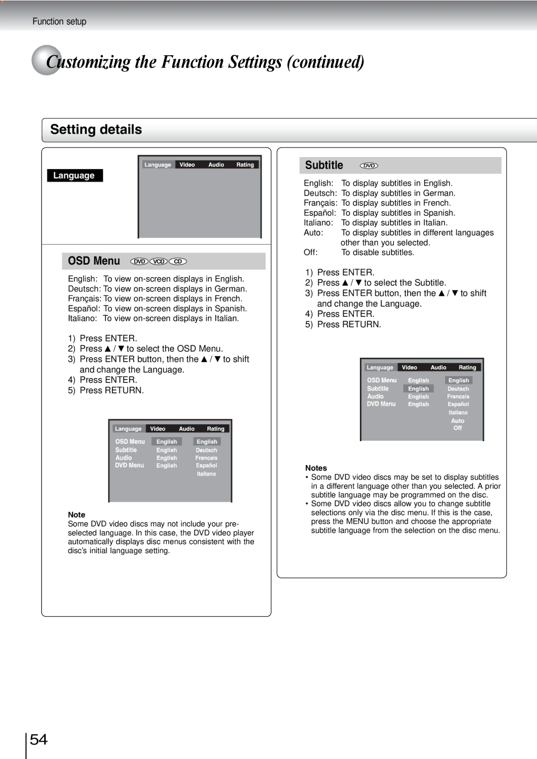 Toshiba SD-240ESB, SD-240ESE owner manual Setting details, OSD Menu 