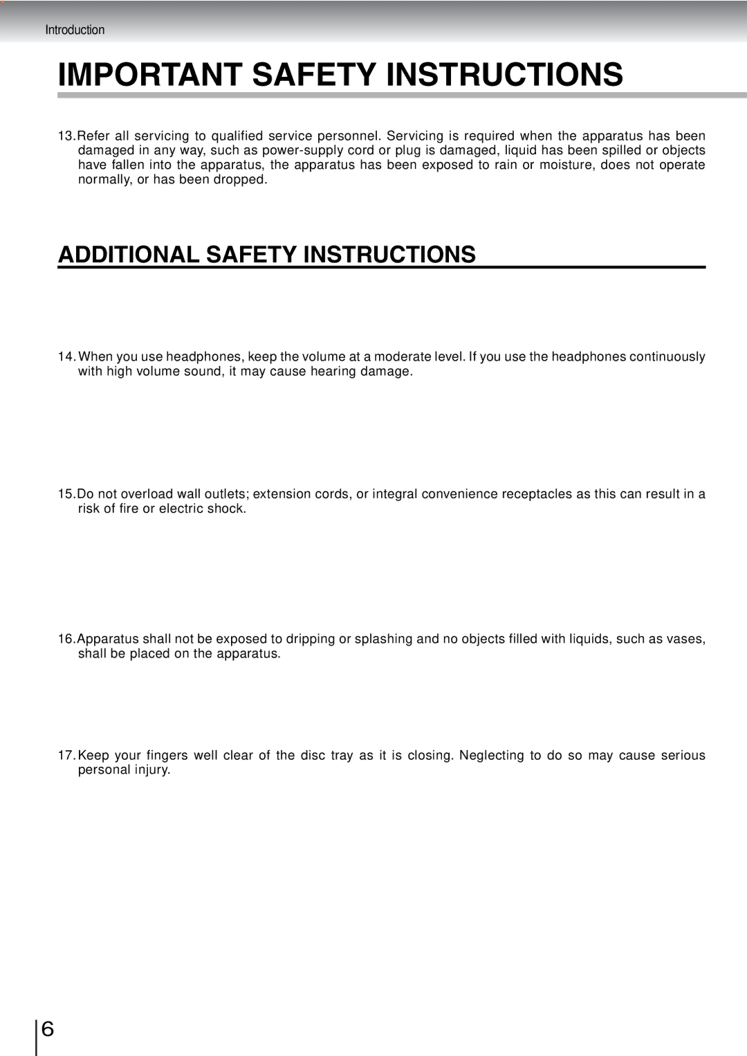 Toshiba SD-240ESB, SD-240ESE owner manual Additional Safety Instructions 