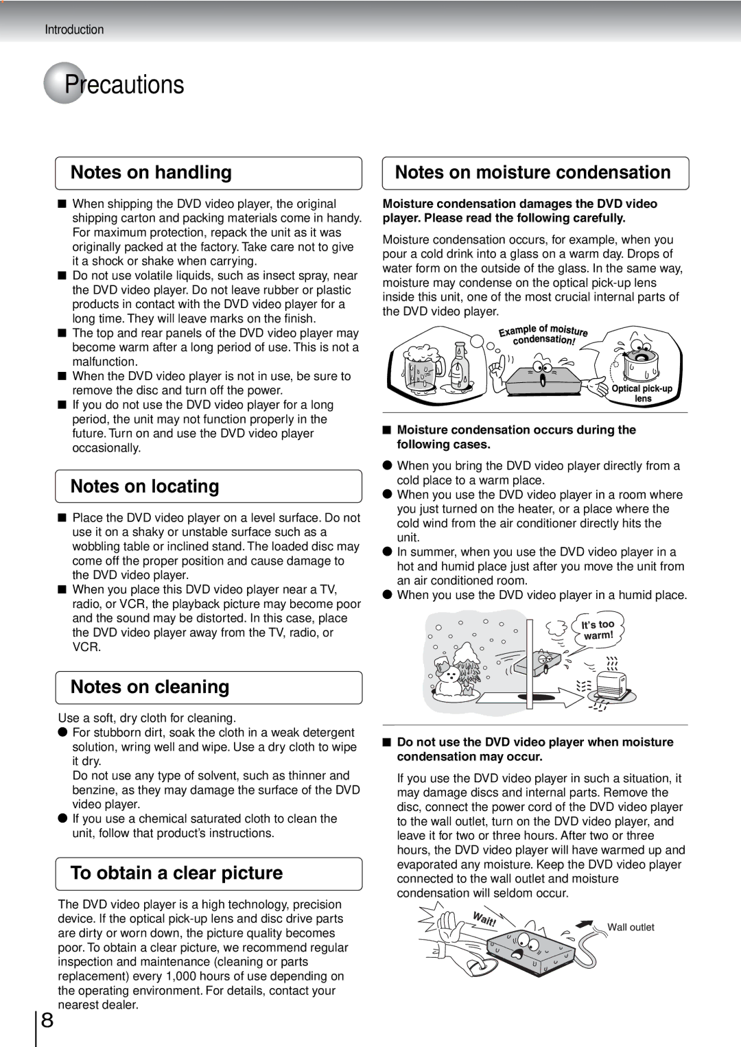 Toshiba SD-240ESB Precautions, To obtain a clear picture, Moisture condensation occurs during the following cases 