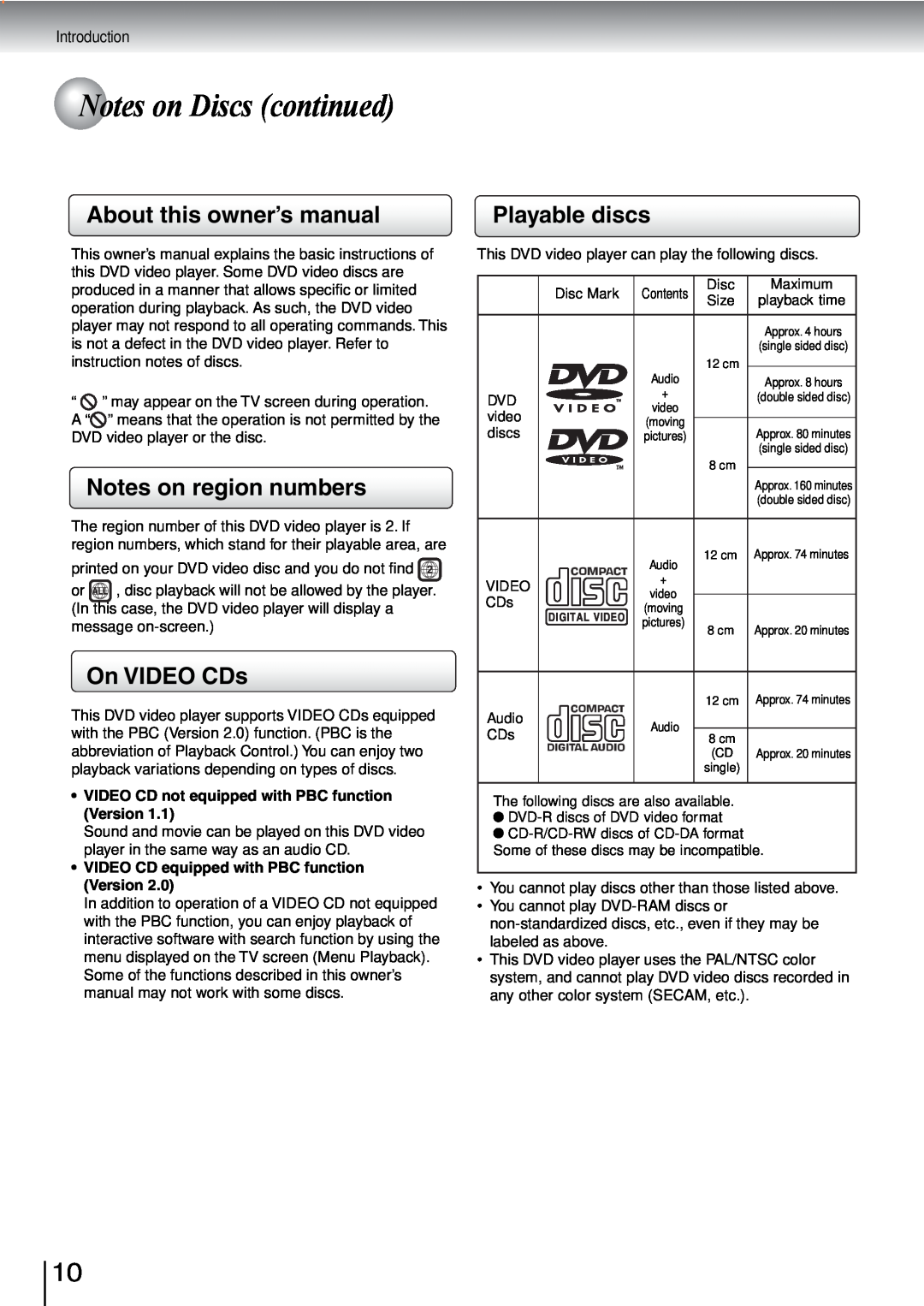 Toshiba SD-240ESB, SD-240ESE Notes on Discs continued, About this owner’s manual, Notes on region numbers, On VIDEO CDs 