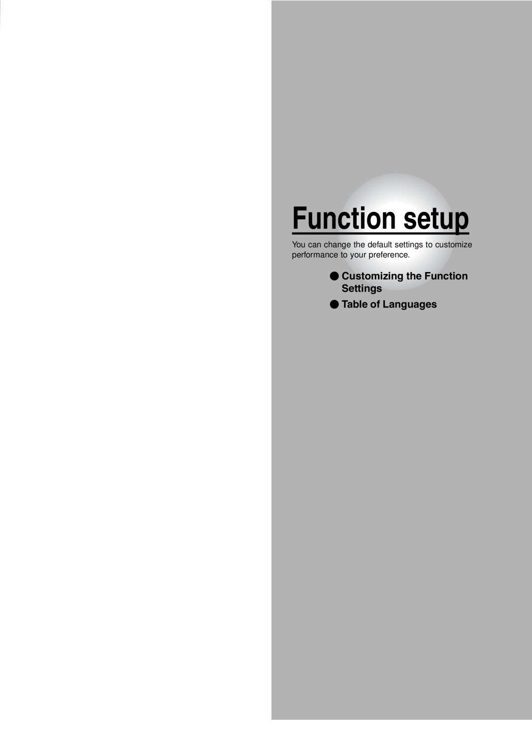 Toshiba SD-240ESE, SD-240ESB owner manual Function setup, Customizing the Function Settings Table of Languages 