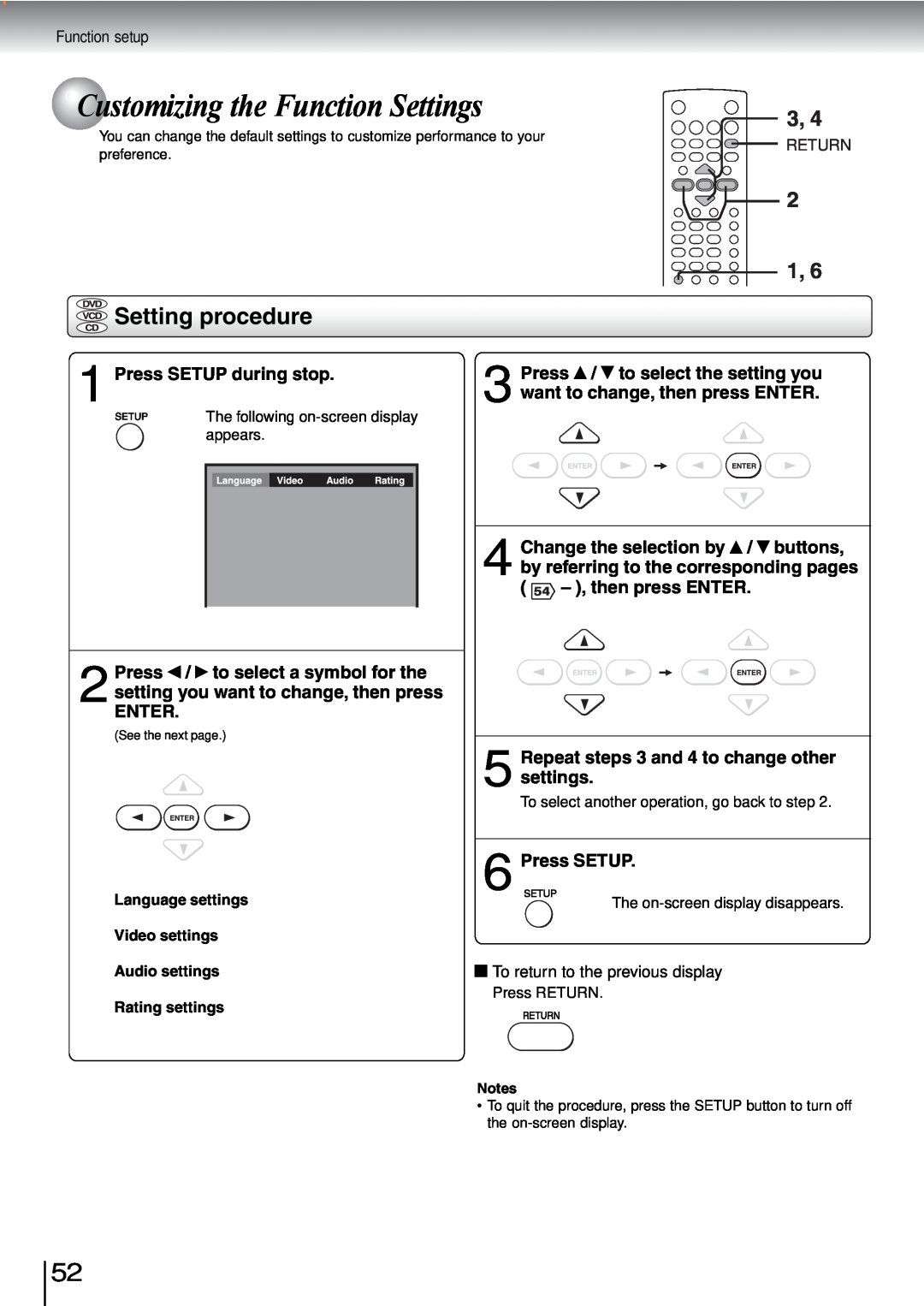 Toshiba SD-240ESB, SD-240ESE owner manual Customizing the Function Settings, Setting procedure, Press SETUP during stop 